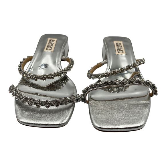 Badgley Mischka Rhinestone Embellished Slip On Low Block Heel Sandals Silver 6 - Picture 2 of 9